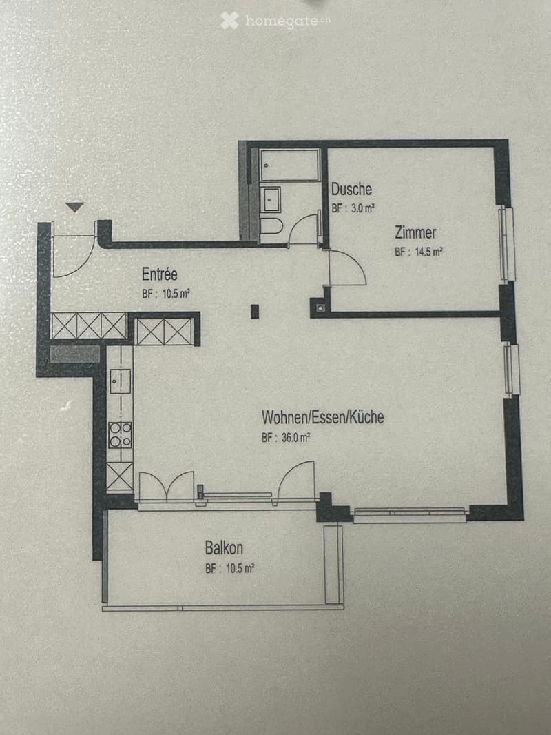 Floor plan showing an entrance, living/dining/kitchen area, bedroom, bathroom, and balcony.