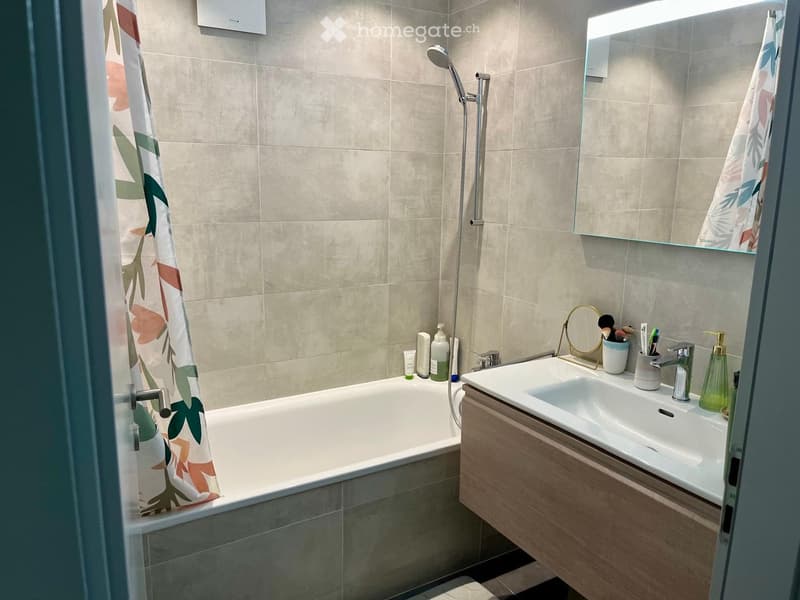 Modern bathroom with a bathtub, sink, mirror, and shower. Includes a wooden vanity with a double sink, a shower curtain, and various toiletries.