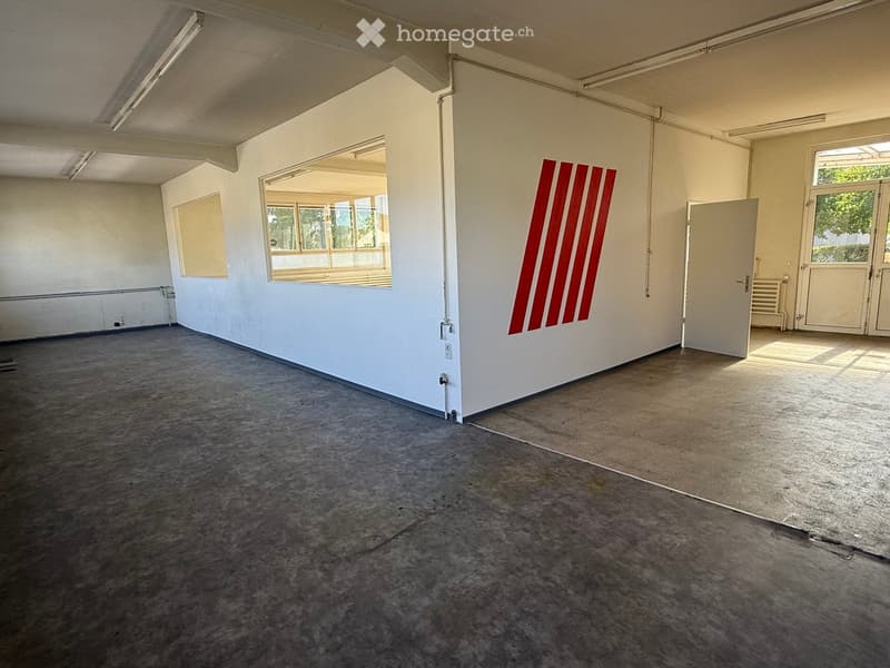 Empty room with white walls, concrete floor, large windows, and a door leading outside.