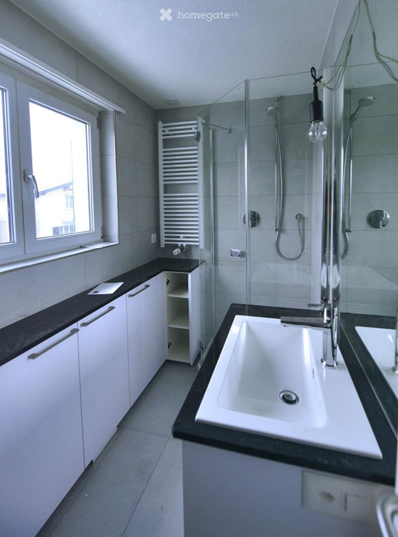 Modern bathroom with white cabinets, black countertops, a large sink, a glass-enclosed shower, and a radiator.
