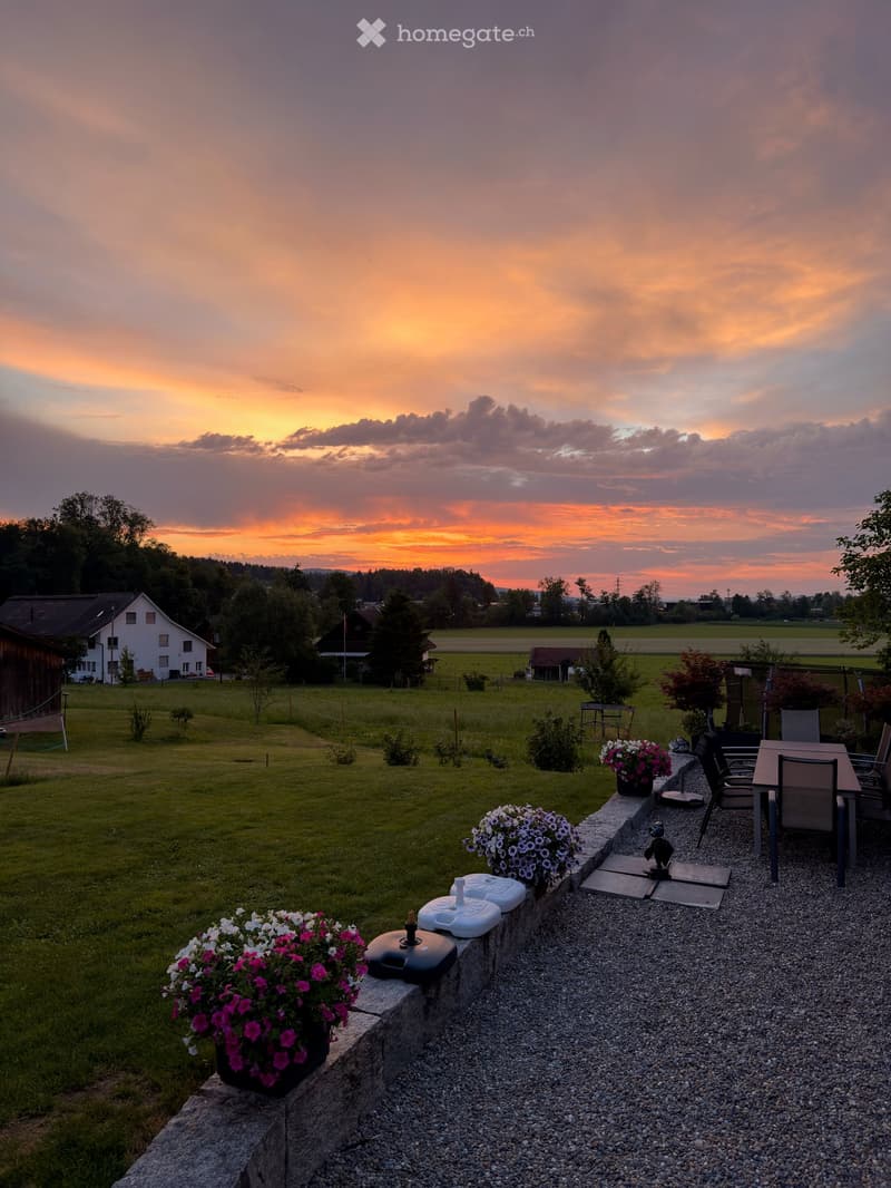 Garden area with a table, chairs, and flower pots, set against a backdrop of a sunset over a rural landscape with houses and fields.