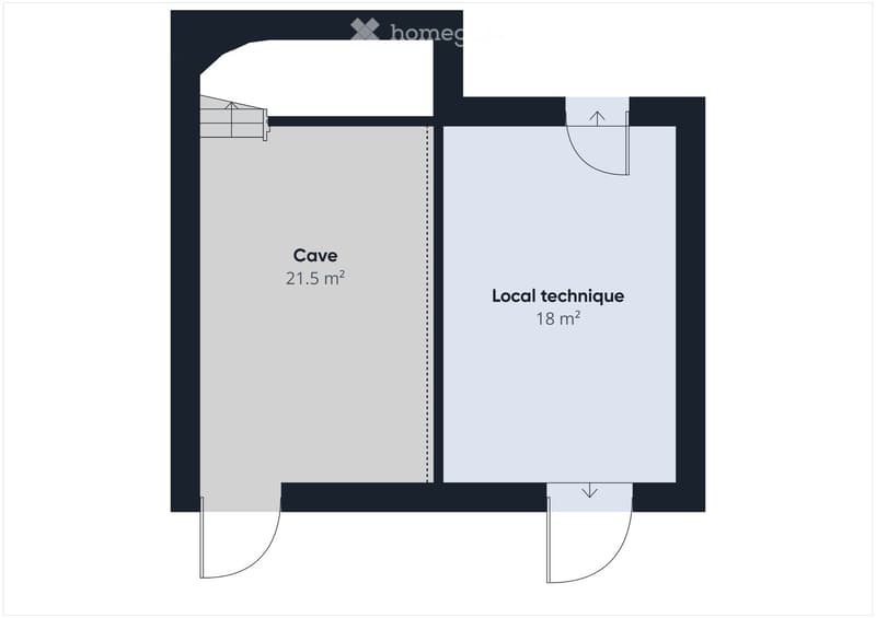 Floor plan showing two rooms: Cave (21.5 m²) and Local technique (18 m²).