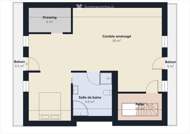 Floor plan showing a dressing room, attic, bathroom, bedroom, and two balconies.