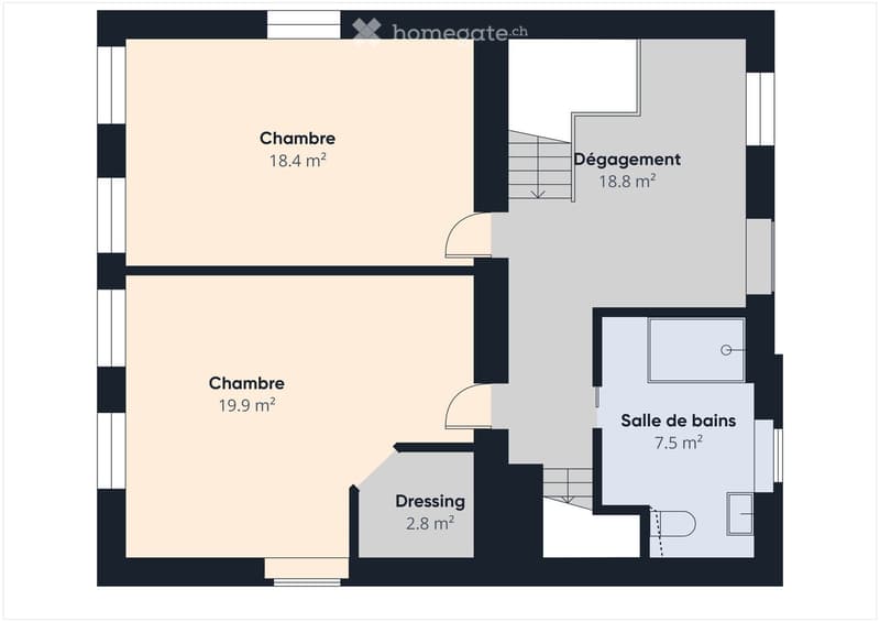 Floor plan showing two bedrooms, a bathroom, a dressing room, and a hallway.
