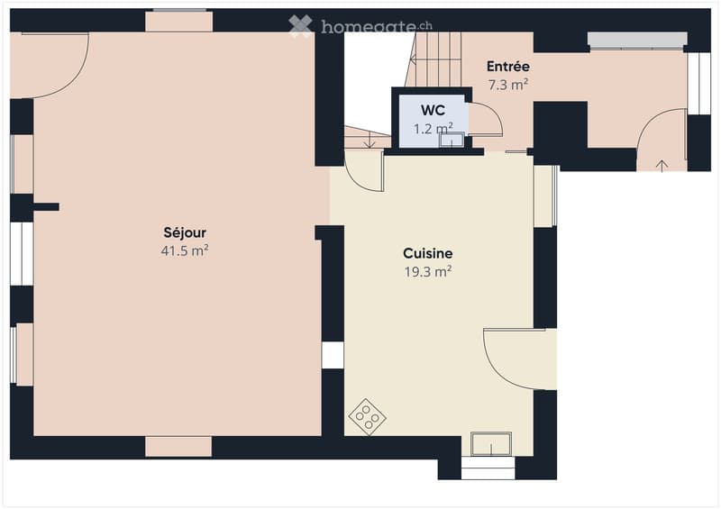 Floor plan of a 62.8 m² apartment with a living area (41.5 m²), kitchen (19.3 m²), entrance (7.3 m²), and WC (1.2 m²).