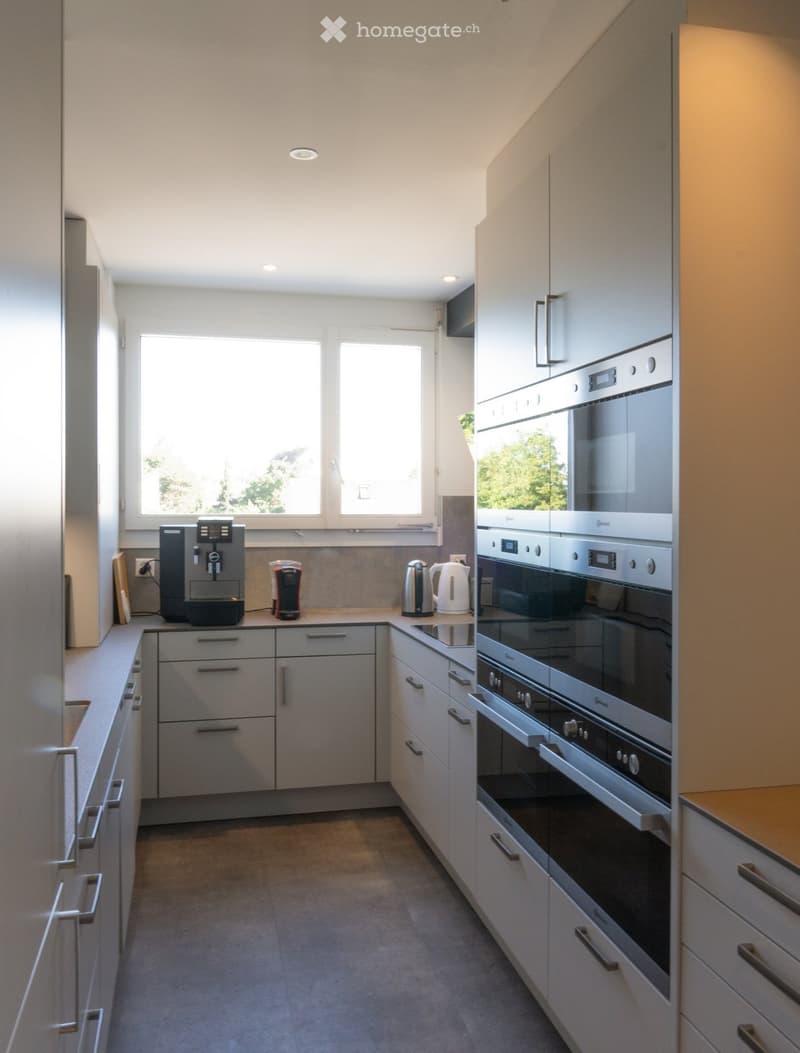 Modern kitchen with light grey cabinets, stainless steel appliances, and a large window letting in natural light.