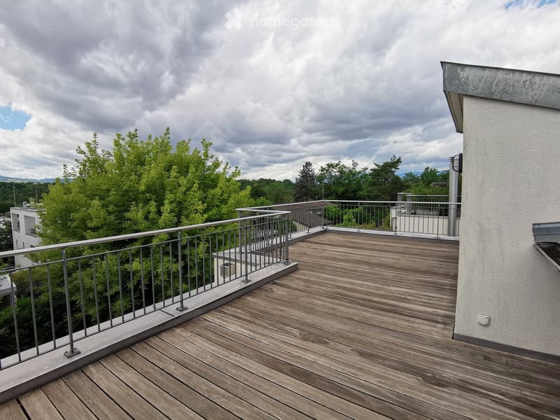 Wooden deck with metal railing, overlooking a green, tree-filled area under a partly cloudy sky.
