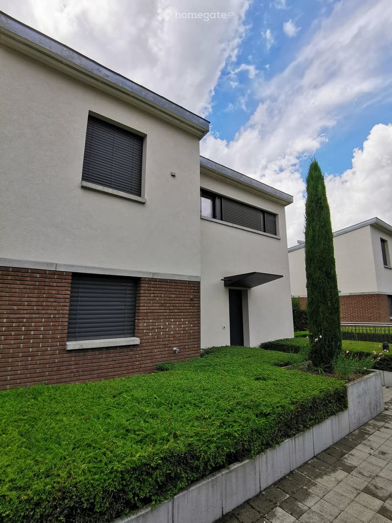 Modern two-story house with white and brick exterior, multiple windows with shutters, and a well-maintained garden with hedges and a tall conifer tree.