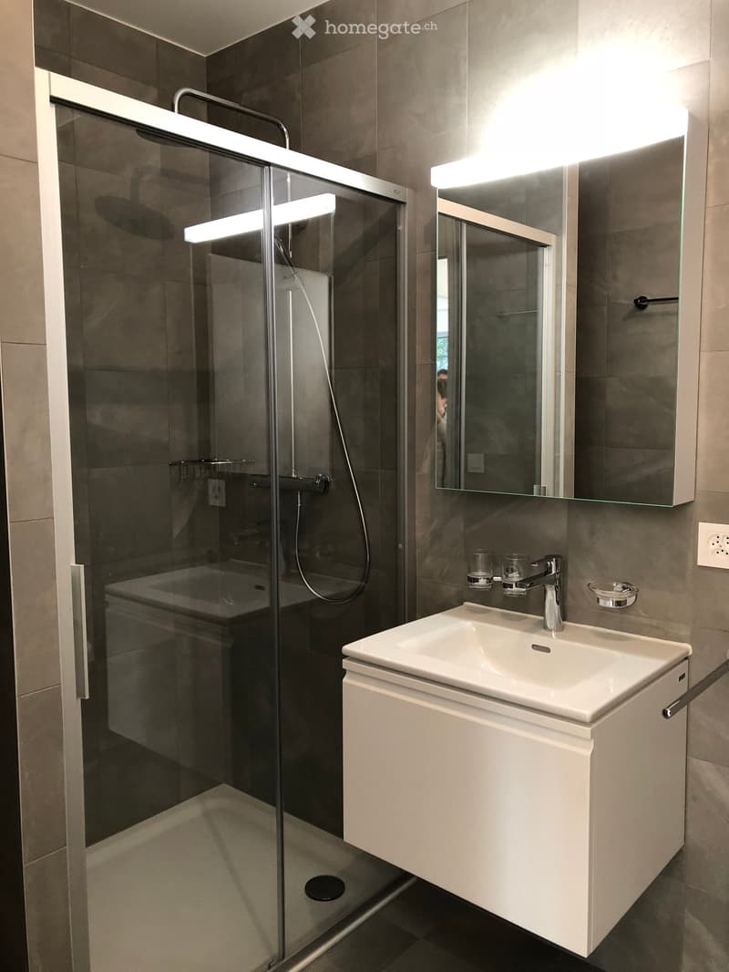 Modern bathroom with a white sink, chrome faucet, large mirror with built-in lighting, and a glass-enclosed shower with a modern showerhead.