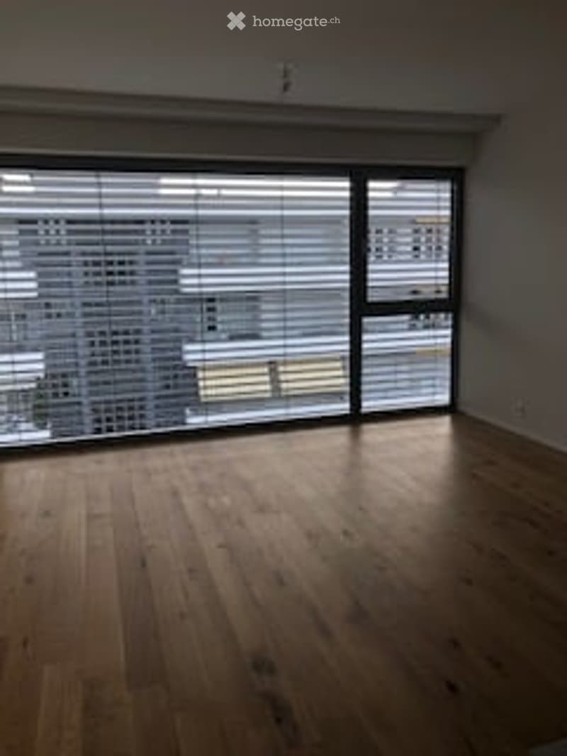 Completely empty room with wooden flooring and large windows, no furniture or equipment.