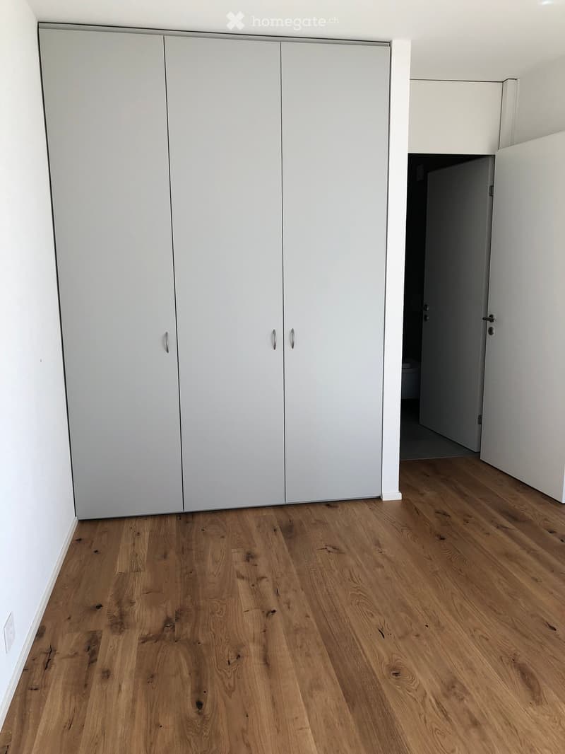 Empty room with light wooden flooring and white built-in wardrobes. The space is clean and minimalistic with no furniture or personal items visible.