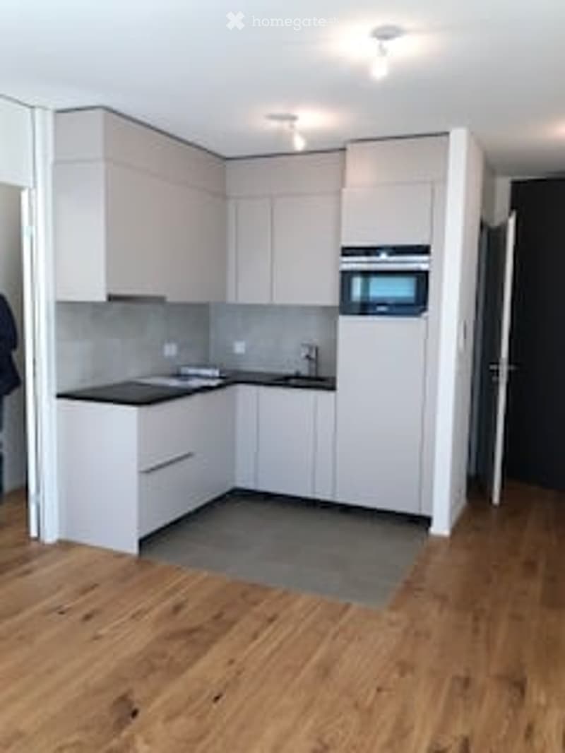 Modern kitchen with white cabinets, a stove, a sink, and a microwave. The floor is made of light wood.