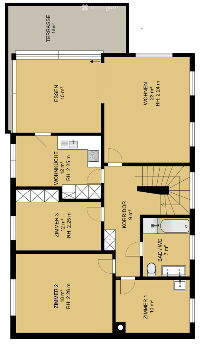 Floor plan of a 2-room apartment with a living room, kitchen, 2 bedrooms, bathroom, and a terrace.