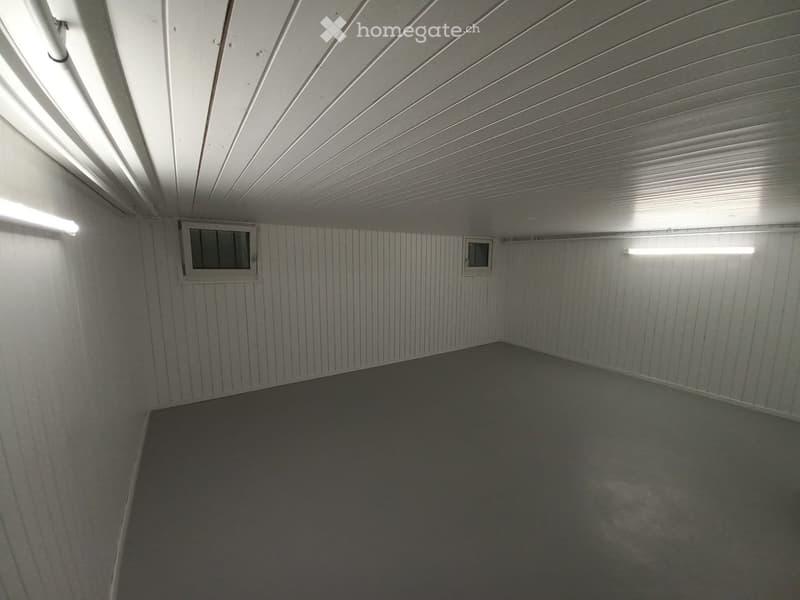 Empty room with white paneled walls and ceiling, two small windows, and fluorescent lighting.