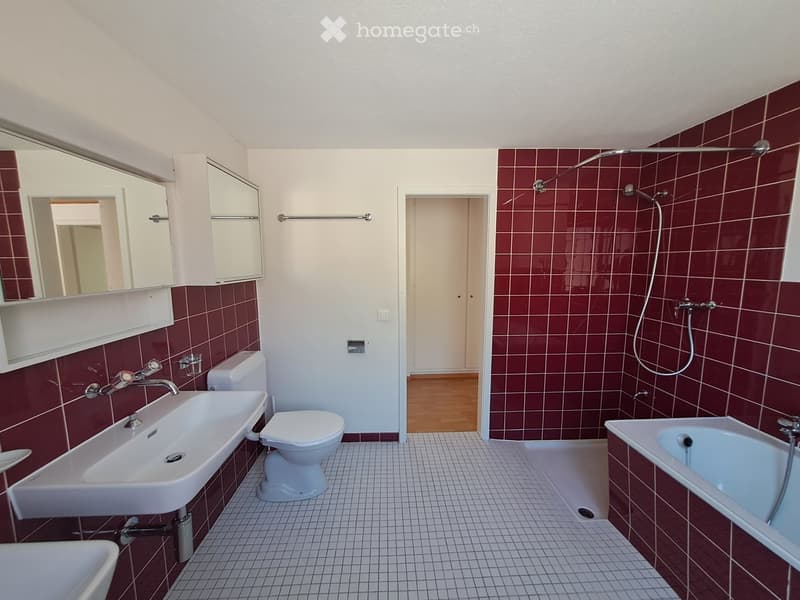 Bathroom with red tiled walls, white fixtures including a sink, toilet, bathtub, and shower, with a mirrored cabinet above the sink.