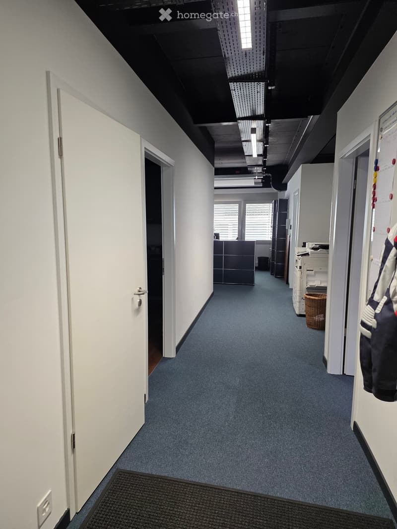 Clean, well-lit office corridor with blue carpeting, white walls, and several doors leading to rooms. Visible items include a bulletin board, a coat rack, and a small wicker basket.