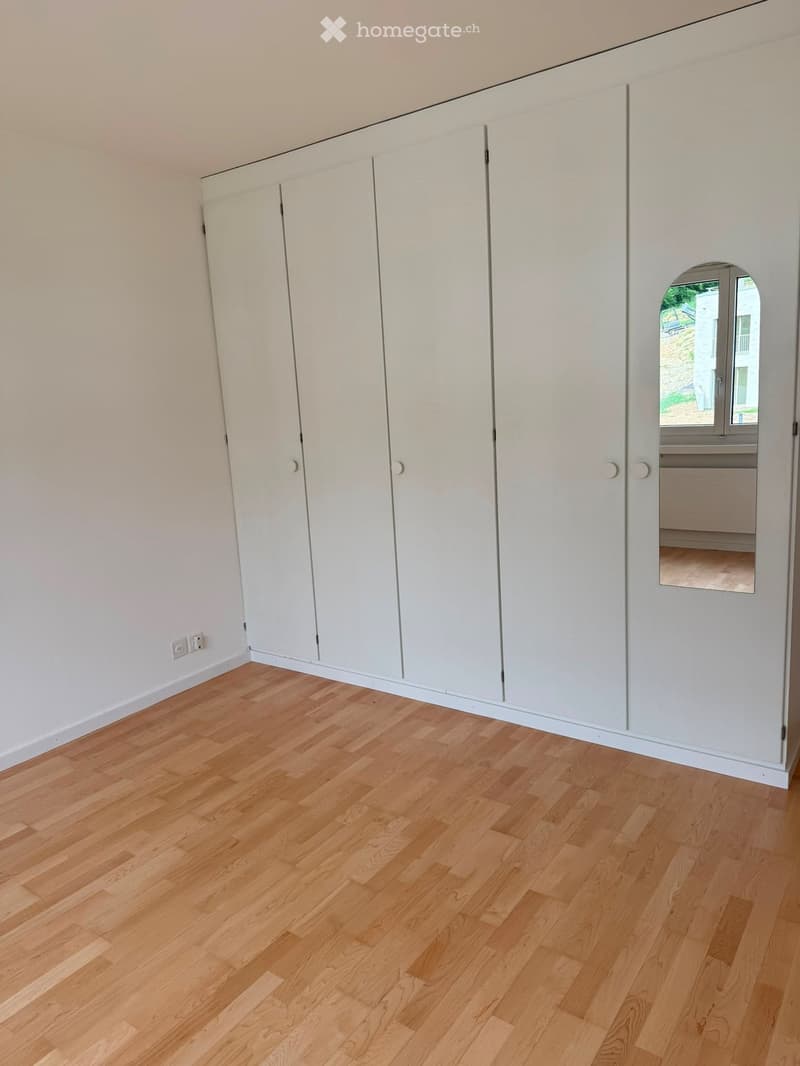 Empty room with light wooden flooring and white built-in wardrobes. A small arched doorway leads to another space.