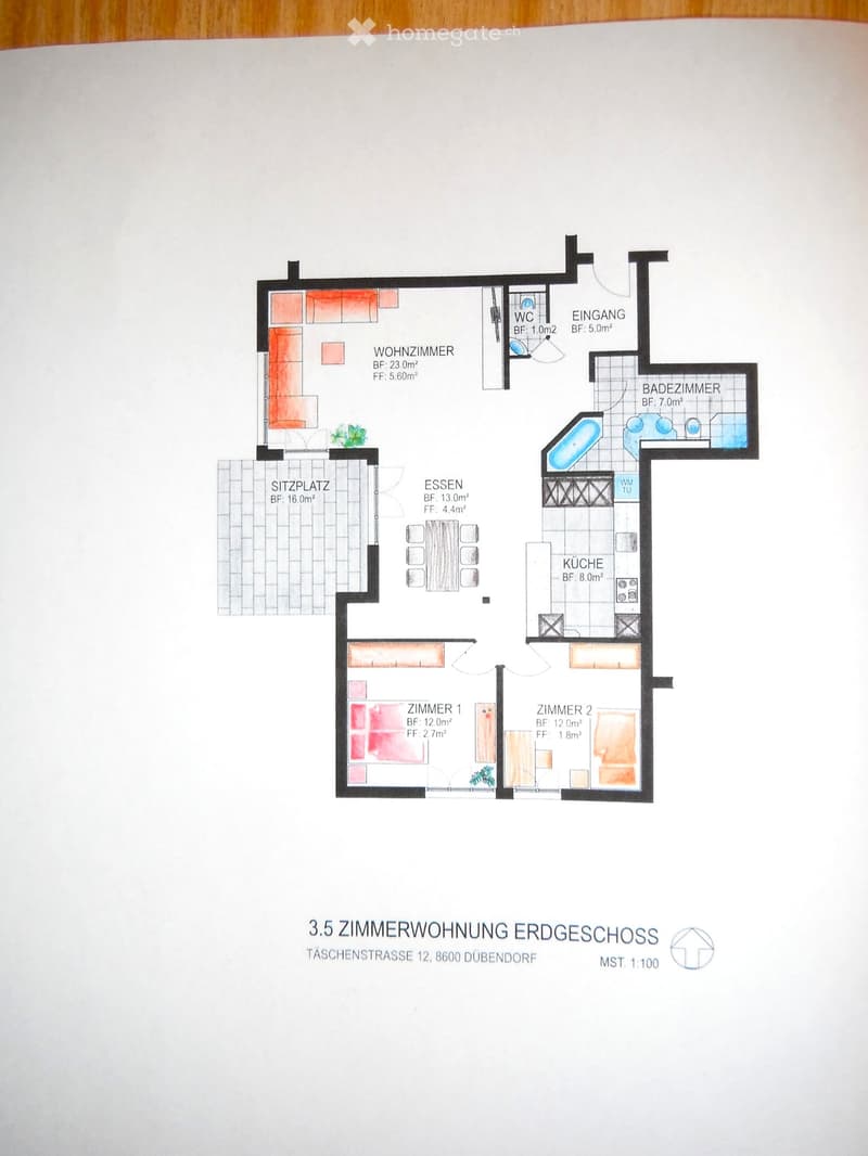Floor plan of a 3.5-room apartment on the ground floor, including living room, dining area, kitchen, two bedrooms, bathroom, and entrance.