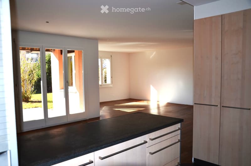 Empty room with wooden flooring, white walls, large sliding glass doors leading to a garden, and built-in white cabinetry with black countertops.