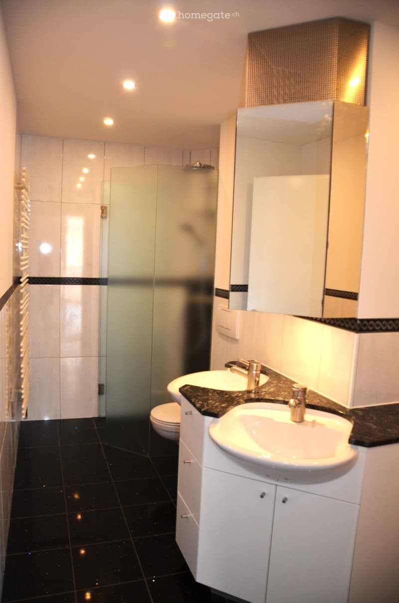 Modern bathroom with black tiled floor, white cabinetry, double sink, and a glass-enclosed shower area.