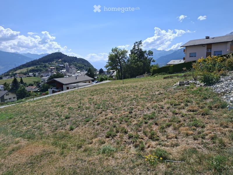 A grassy hillside with scattered trees and a few houses in the background, overlooking a valley with mountains.