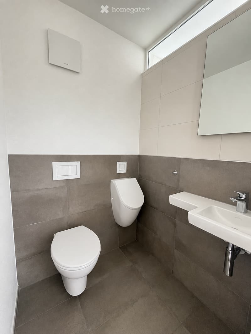 Modern bathroom with white toilet, urinal, sink, and mirror. Grey tiled walls and floor, white fixtures.