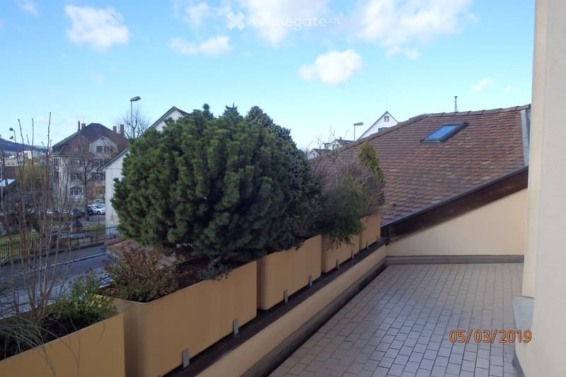 tiled balcony floor, beige planters, green trees, fence, sky with clouds, rooftop with window and chimney, street with cars and buildings in the distance