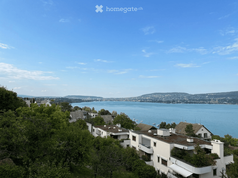 A scenic view of a lakeside residential area with modern white buildings, surrounded by lush greenery and overlooking a calm lake with distant hills.