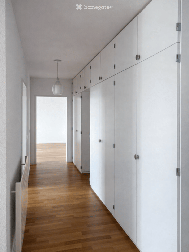 Modern hallway with light wooden flooring, white built-in cabinets, and a single pendant light fixture.