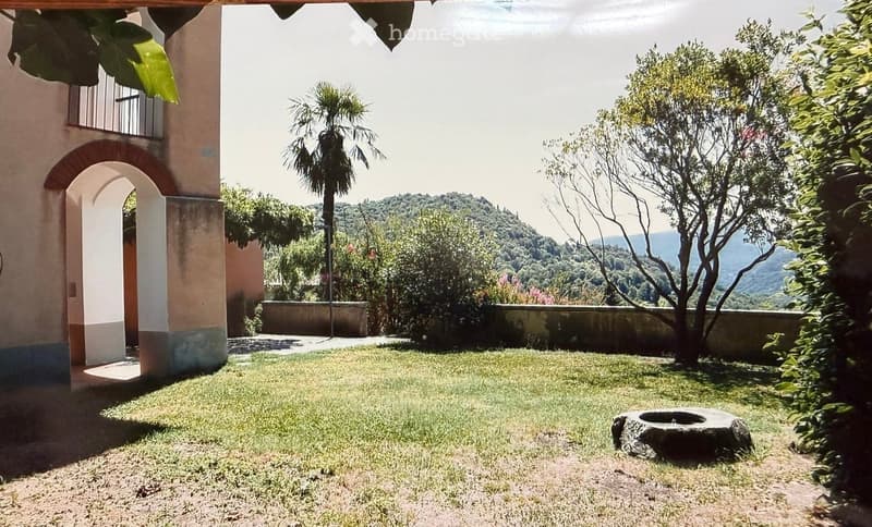 Lush garden with a stone fire pit, grassy area, trees, and a view of hills and mountains.