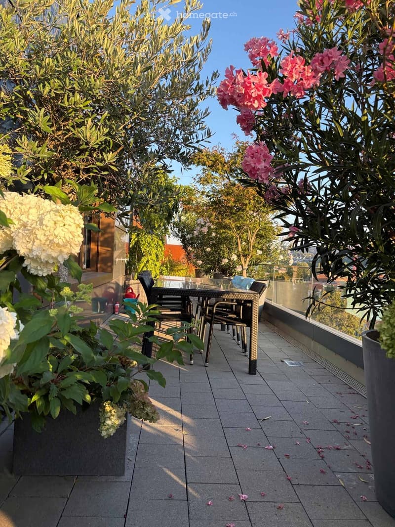 A modern rooftop terrace with a glass railing, tiled floor, and outdoor furniture including a table and chairs. The area is decorated with potted plants and flowers, and offers a scenic city view.