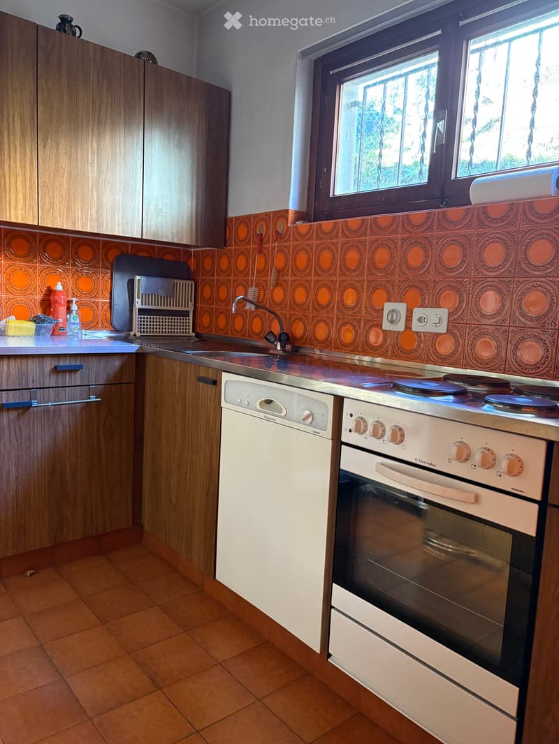 Kitchen with wooden cabinets, stainless steel sink, dishwasher, and electric oven. Features orange and brown tiled backsplash and tiled floor.