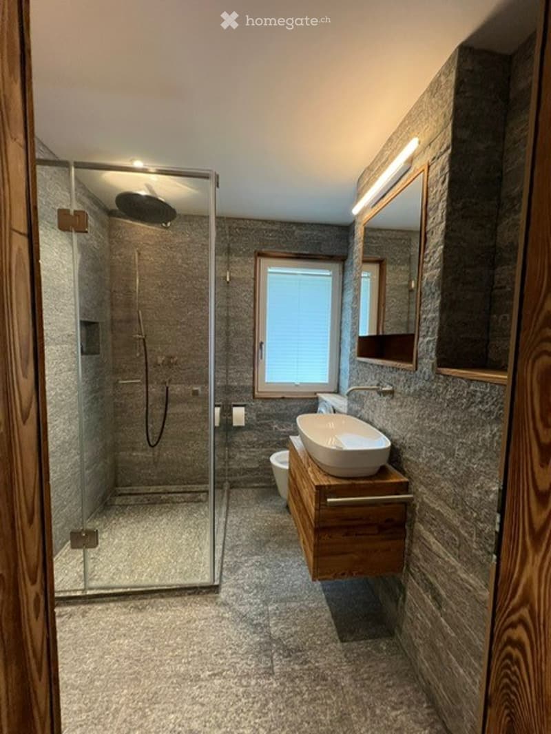 Modern bathroom with a glass-enclosed shower, a floating wooden sink vanity, a large mirror, and a toilet. The walls are finished in dark grey tiles, and the floor is covered in grey stone tiles.
