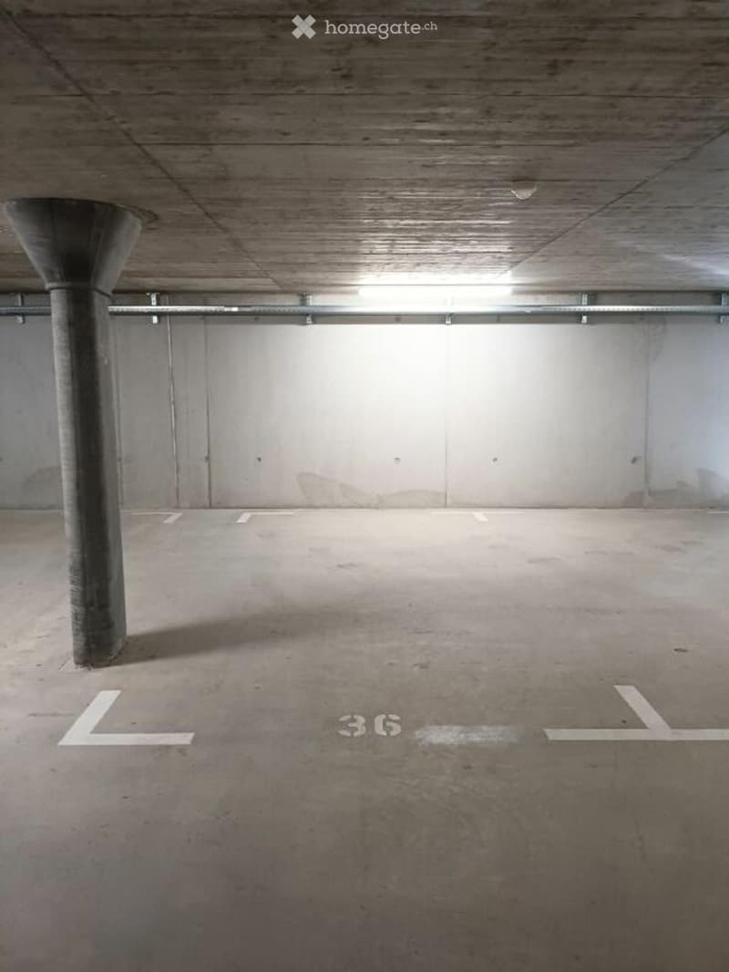 Underground parking area with concrete floors and walls, marked parking spaces, and a single support pillar.