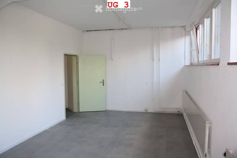 Empty room with white walls, grey concrete floor, and a green door leading to another space. Windows on the right side with white frames and a radiator cover visible.