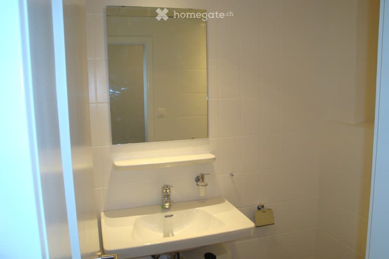 Modern bathroom with white tiled walls, a single sink with a modern faucet, a large rectangular mirror above it, a soap dispenser, and a towel rack.