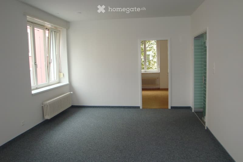 Empty room with grey carpet, white walls, large windows, radiator, and an open doorway leading to another room.