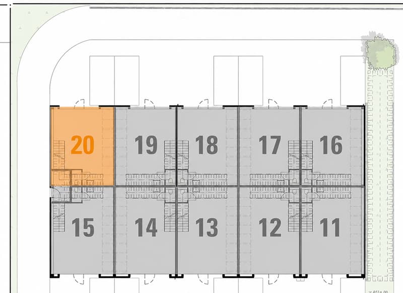 Floor plan showing numbered units (11-20) with detailed layout, including a highlighted unit20 in orange.