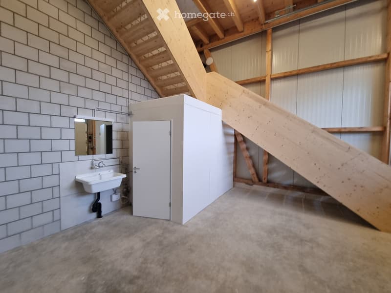 Bathroom with white tiled walls, a white sink, a mirror, and a door leading to another room. The space has exposed wooden beams and a sloped ceiling.