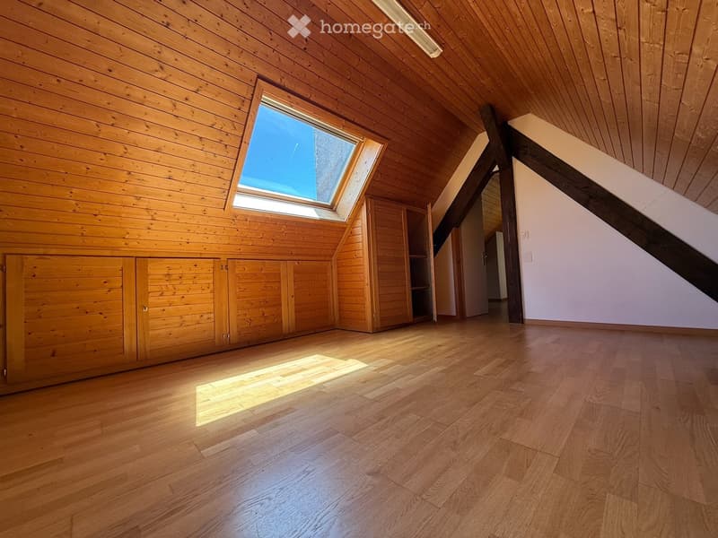 Empty attic room with wooden walls, wooden floor, skylight window, and built-in wooden cabinetry.