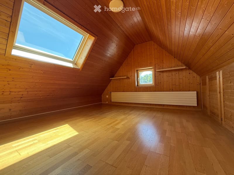 Empty attic room with wooden walls, wooden floor, skylight window, and small side window. Features built-in wooden shelving and a radiator.
