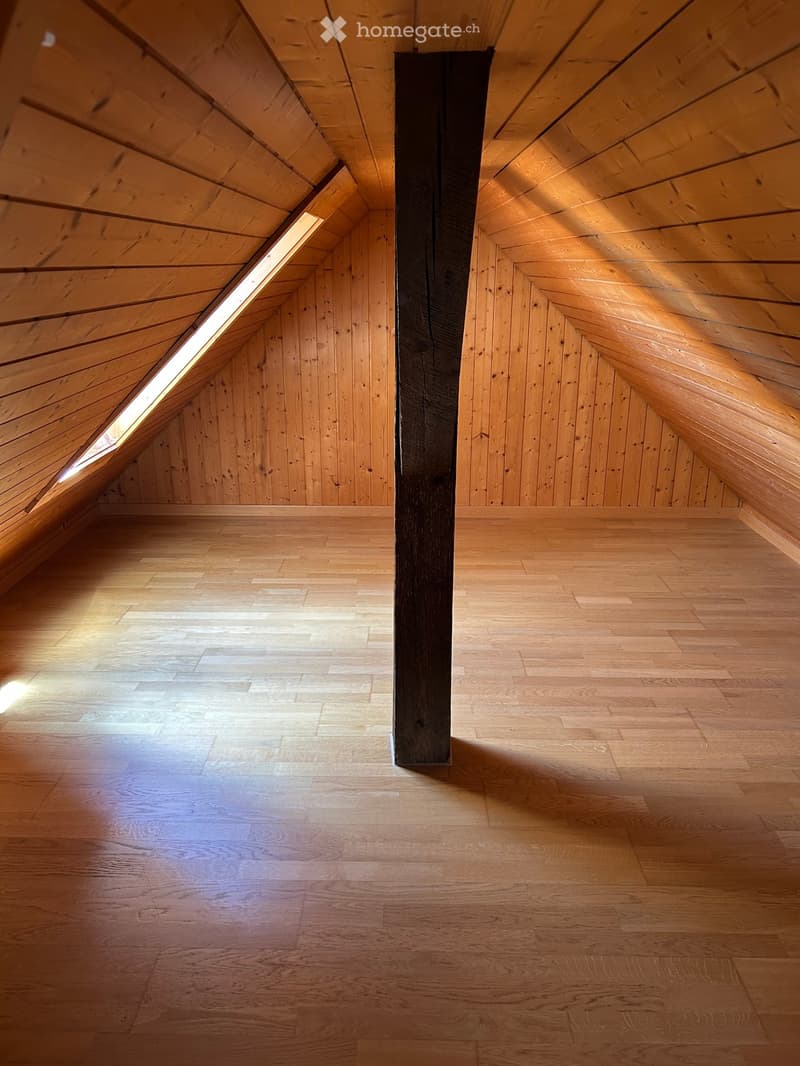 Empty attic space with wooden floors and slanted wooden ceilings, featuring a central wooden beam and skylight windows allowing natural light.