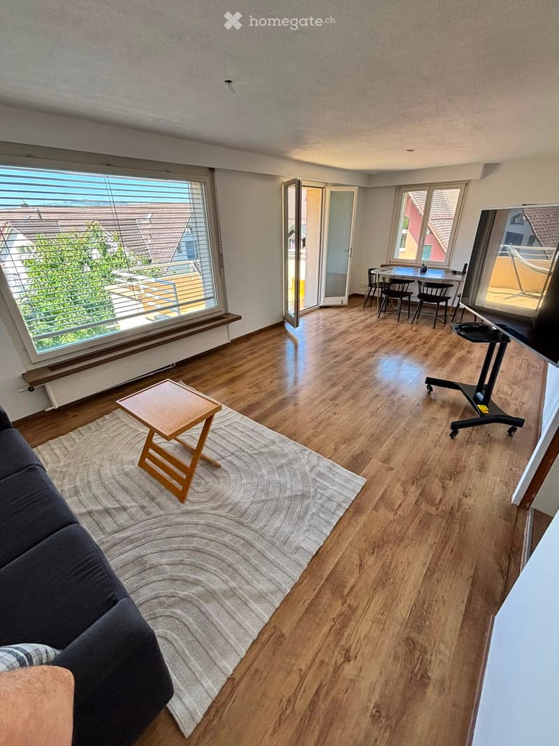 Bright living room with wooden flooring, large windows, a sofa, a small table, and a screen. There is a small dining area with a table and chairs, and a balcony accessible through large sliding doors.