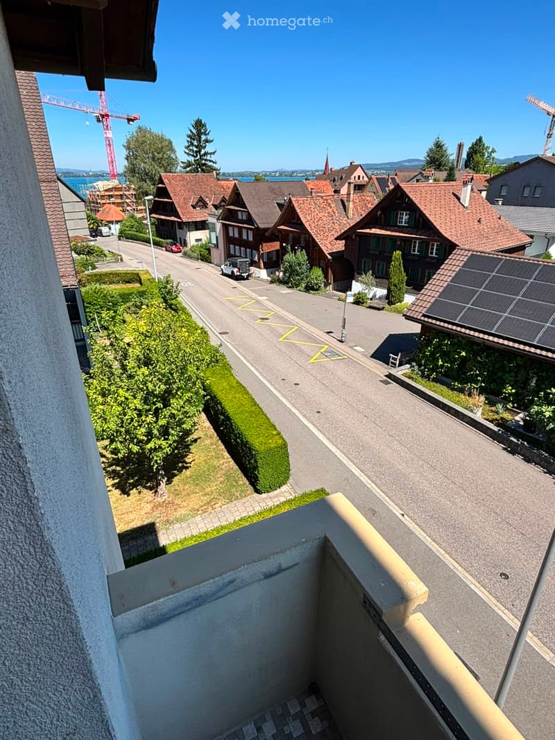 Balcony overlooking a residential street with traditional houses, solar panels, and a view of the lake and mountains in the distance.