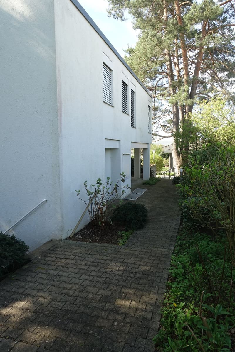 A paved pathway leads to a white building with multiple windows and a small entrance. The area is surrounded by greenery, including trees and shrubs.