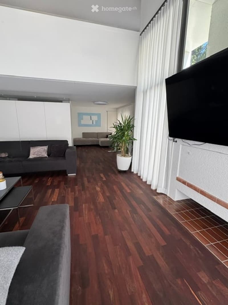 Modern living room with dark hardwood flooring, grey sofa, coffee table, potted plant, and flat-screen TV mounted on the wall.