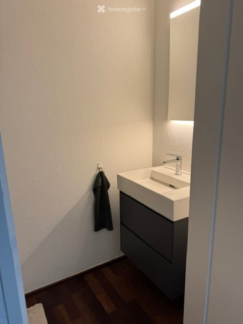 Modern bathroom with a white sink, chrome faucet, built-in cabinet, and a dark towel hanging on the wall.