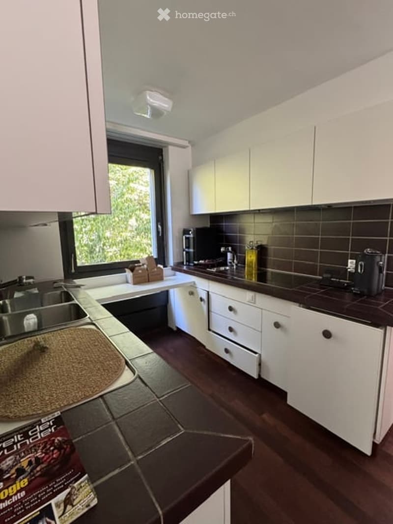 Modern kitchen with white cabinets, dark countertops, and a large window offering a view of greenery. Features include a sink, faucet, drawers, and a coffee maker on the counter.