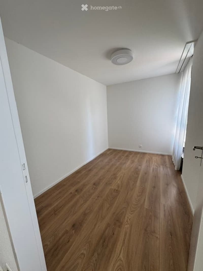 Empty room with wooden flooring and white walls, featuring a ceiling light fixture and a partially visible door frame.