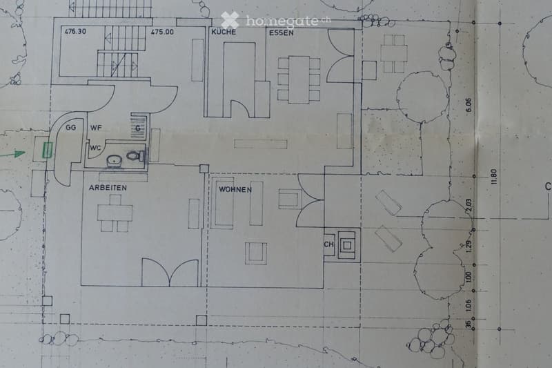 Floor plan showing a kitchen, dining area, living room, work area, and bedroom. Includes a WC and a small storage area labeled 'CH'.